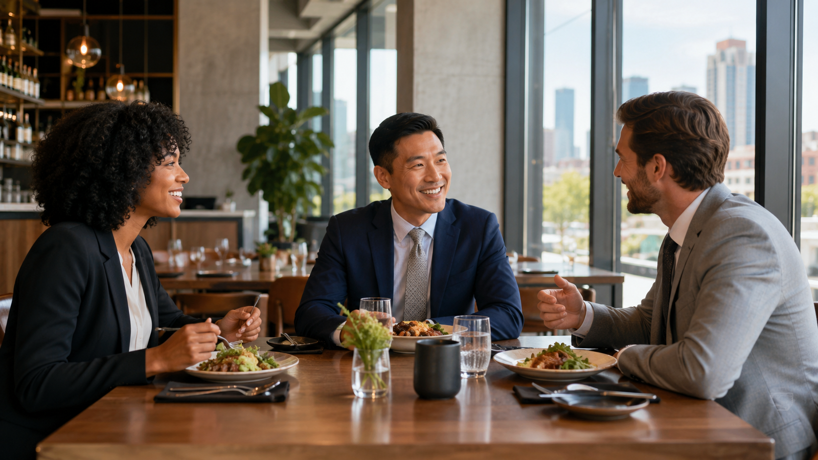 Three professionals in business attire chat and share a meal at a sunny urban restaurant window desk.